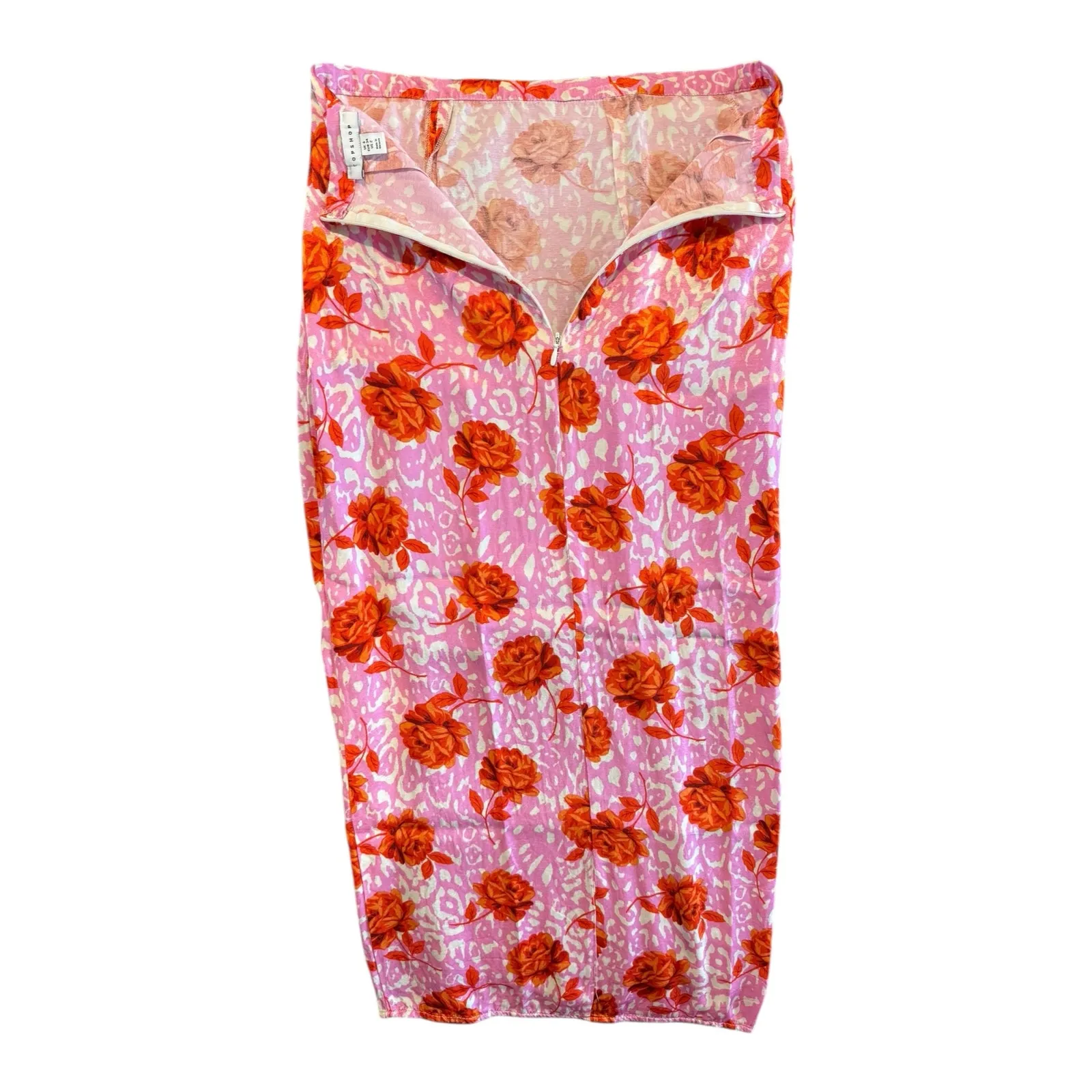 Topshop ASOS Pink Floral Midi Skirt Sz 2 Side Slit - Image 8