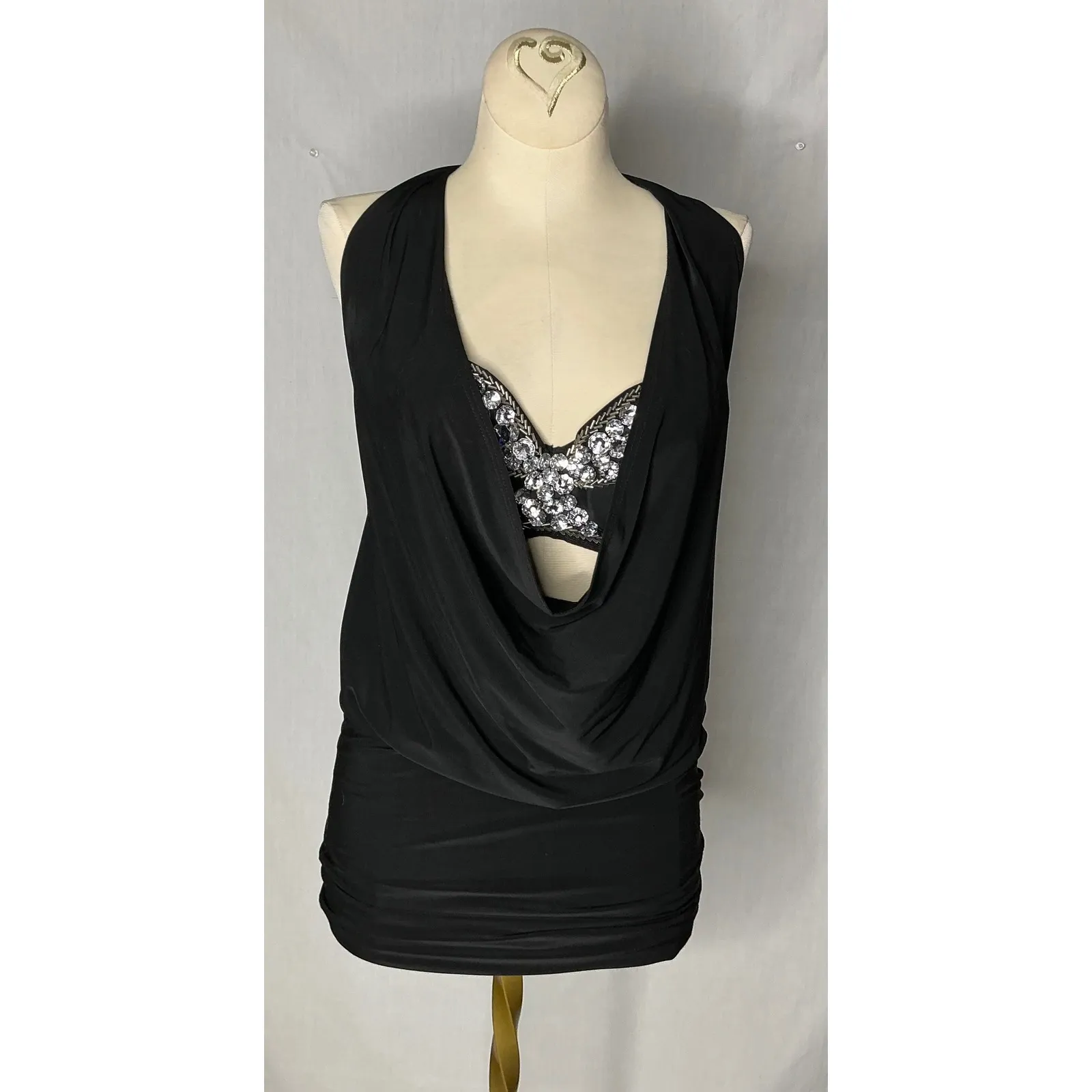 Love Culture Black Rhinestone Embellished Drape Halter Top‎ Size M USA Made - Image 2