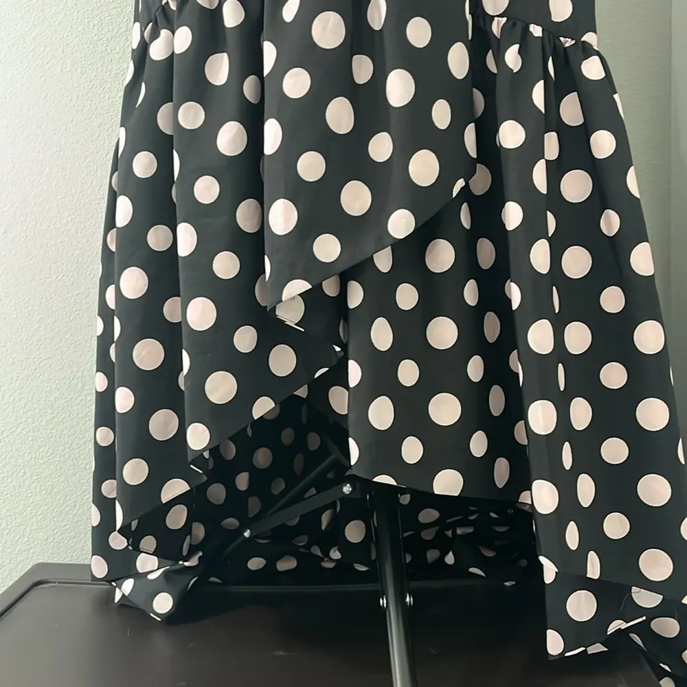 New Eliza J Size 2 Black, Pink Polka Dot Midi V-Neck Asymmetrical Hem Dress - Image 12
