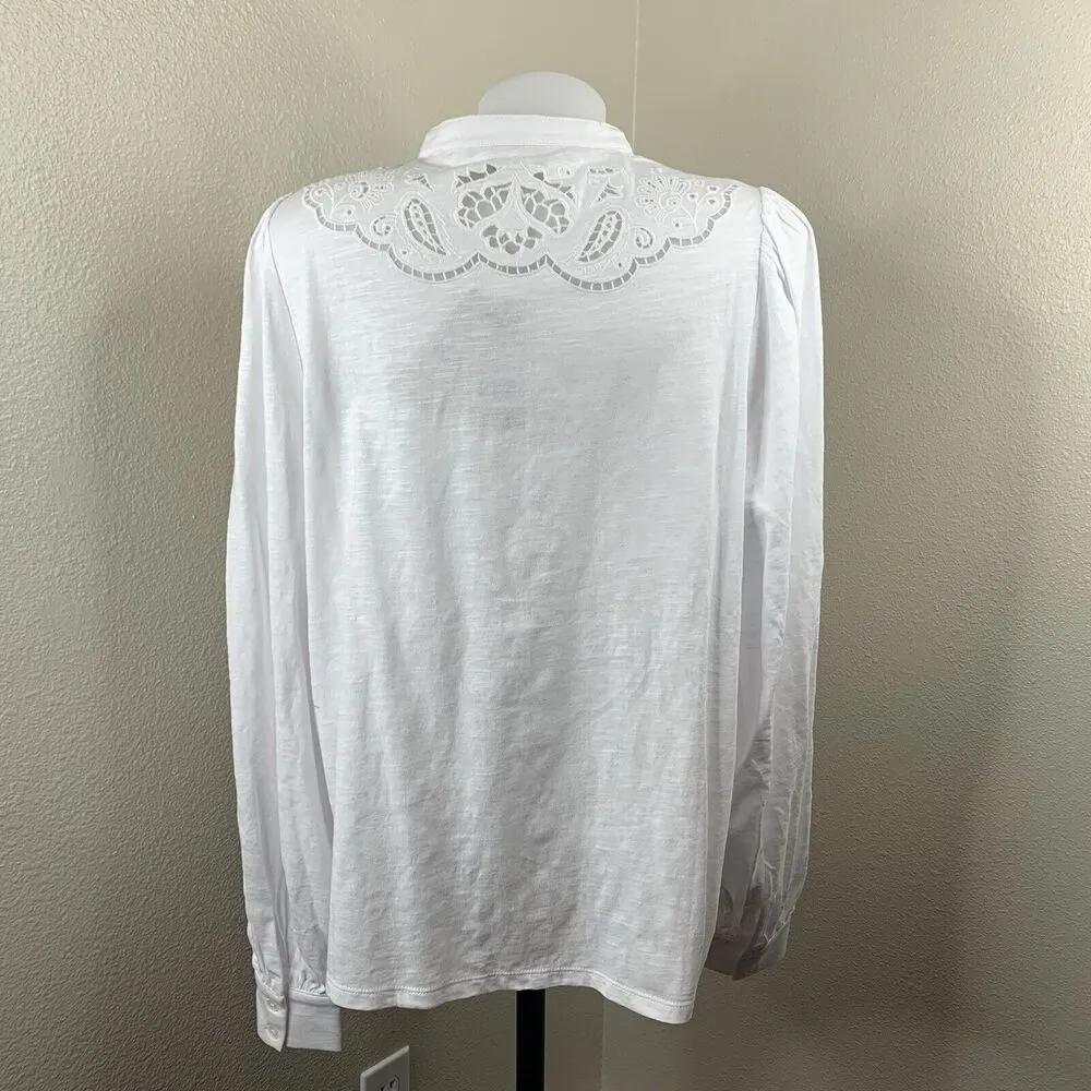 Boden Eyelet Lace Cut Work Jersey Shirt Long Sleeve Women’s Sz 18R Buttons White - Image 5