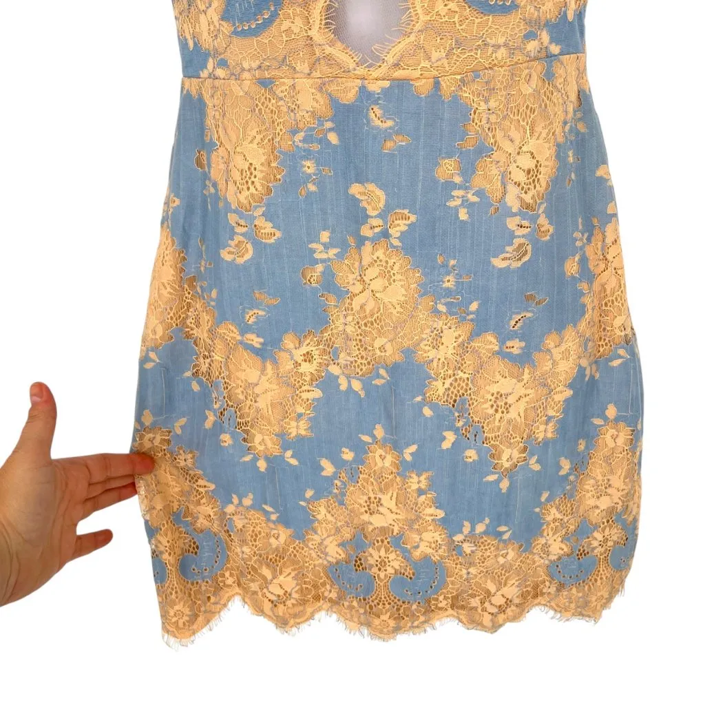 Storia Floral Lace Mesh Short Sleeve Mini Dress Blue Beige Size Small - Image 10
