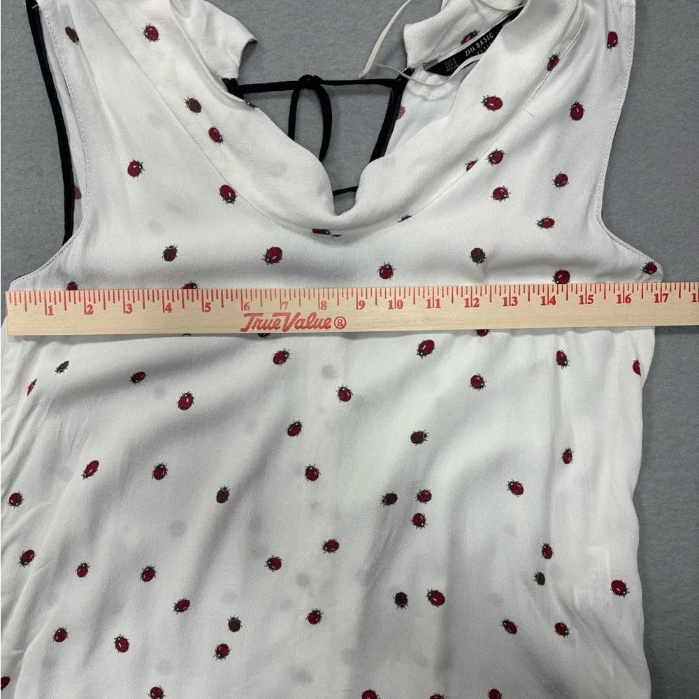 Zara Basic Small White‎ Sleeveless Ladybug Tank Too Draped Blouse Tie Back - Image 8