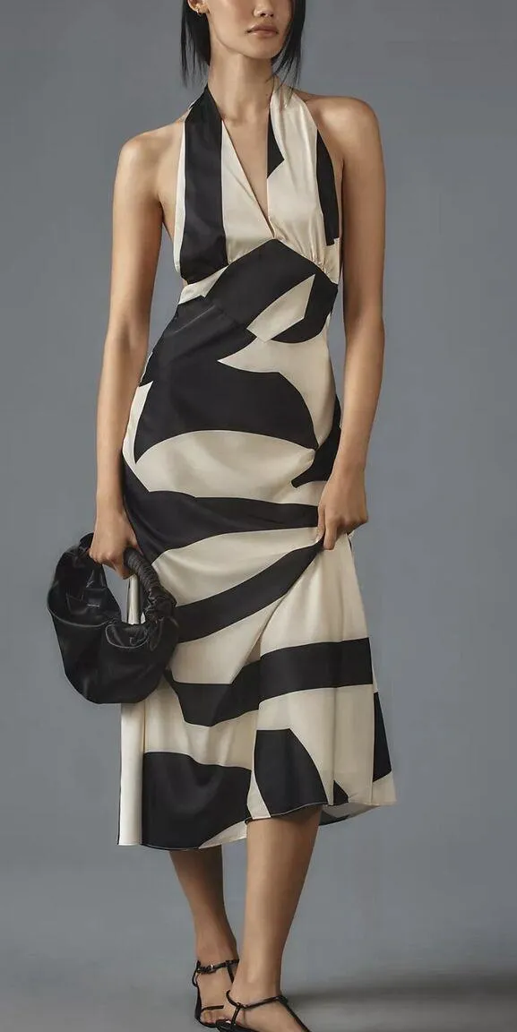 Anthropologie Bardot Black White Citron Halter Midi Bodycon Dress - Image 6