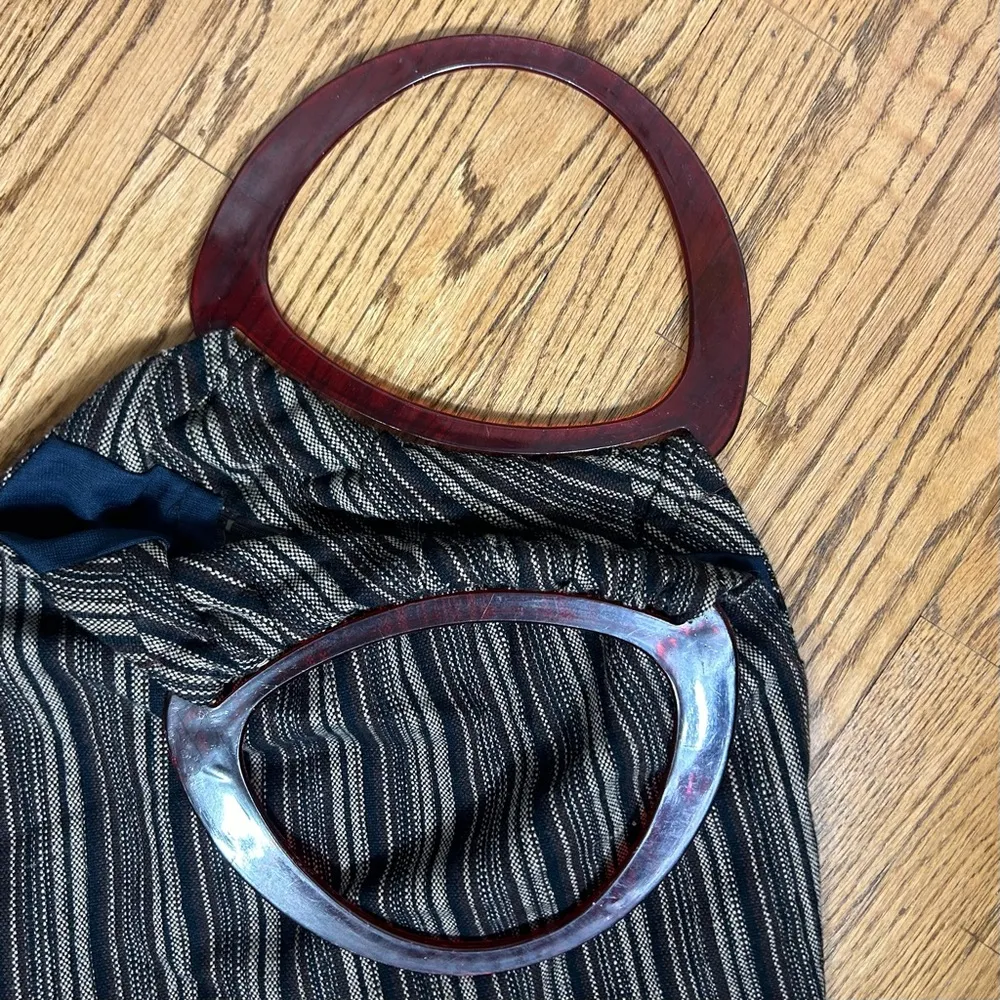 Vintage Knit Tote Bag Open Top Resin Plastic Handles BOHO Whimsigoth Brown - Image 4