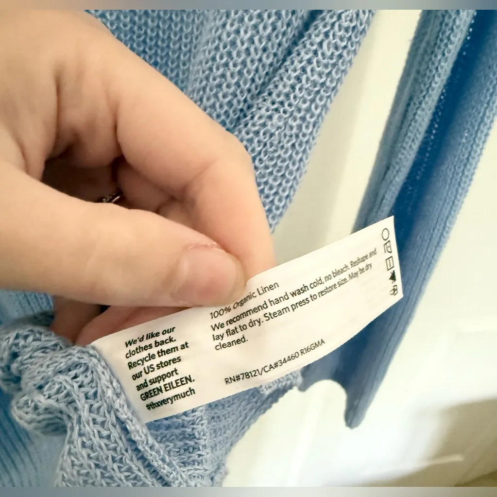 Eileen Fisher Cornflower Blue Organic Linen V-Neck Open Knit Sweater Size Medium - Image 5