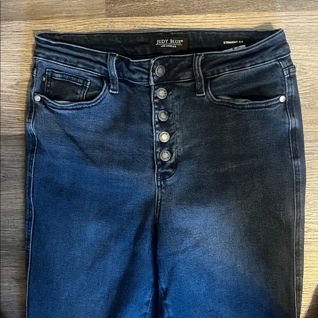 Judy Blue Straight Fit High Rise Button Up Black Wash  Jeans w/Raw Frayed Hem 30 - Image 2