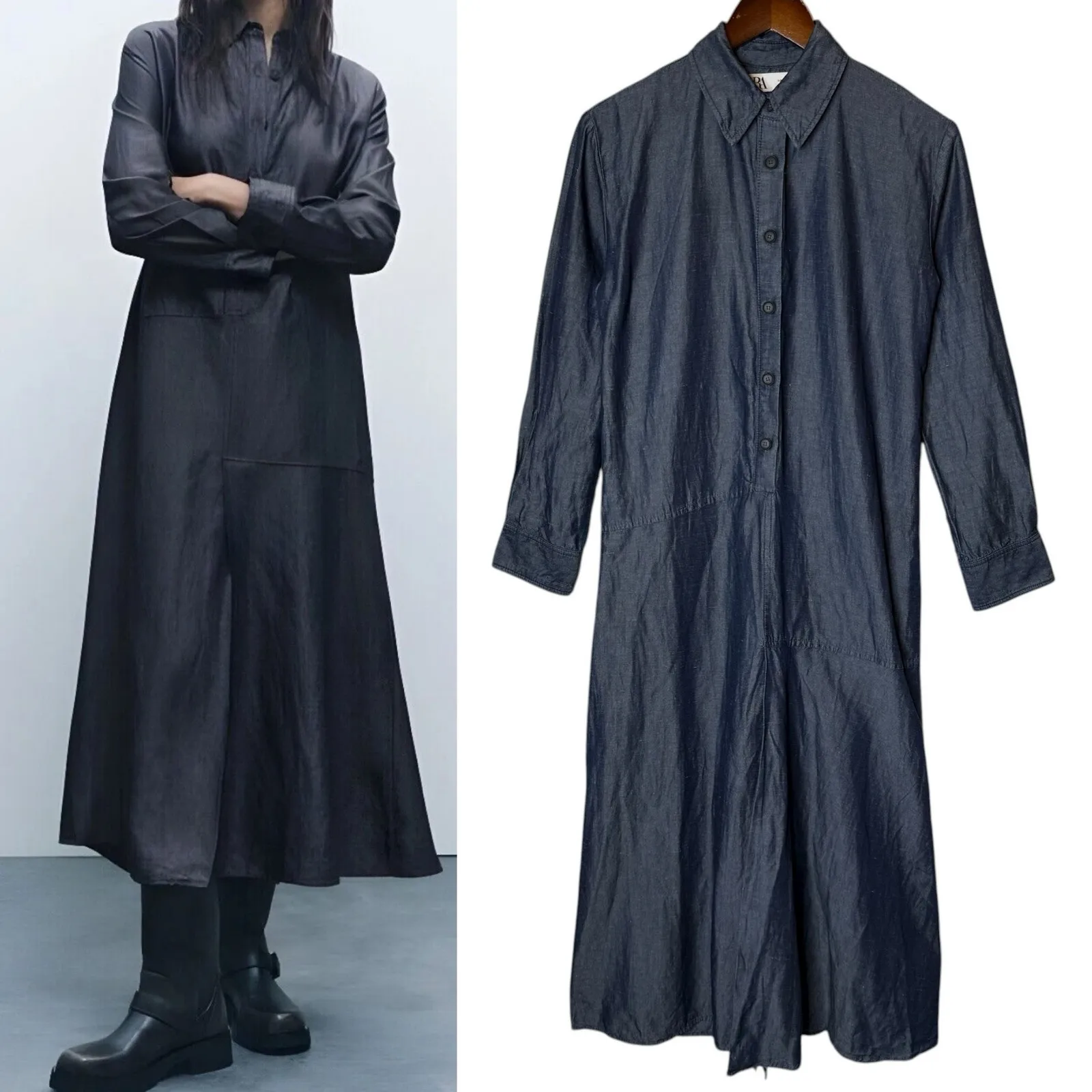 Zara Kyra Linen‎ Blend Midi Shirt Dress A-Line Long Sleeve - Image 2