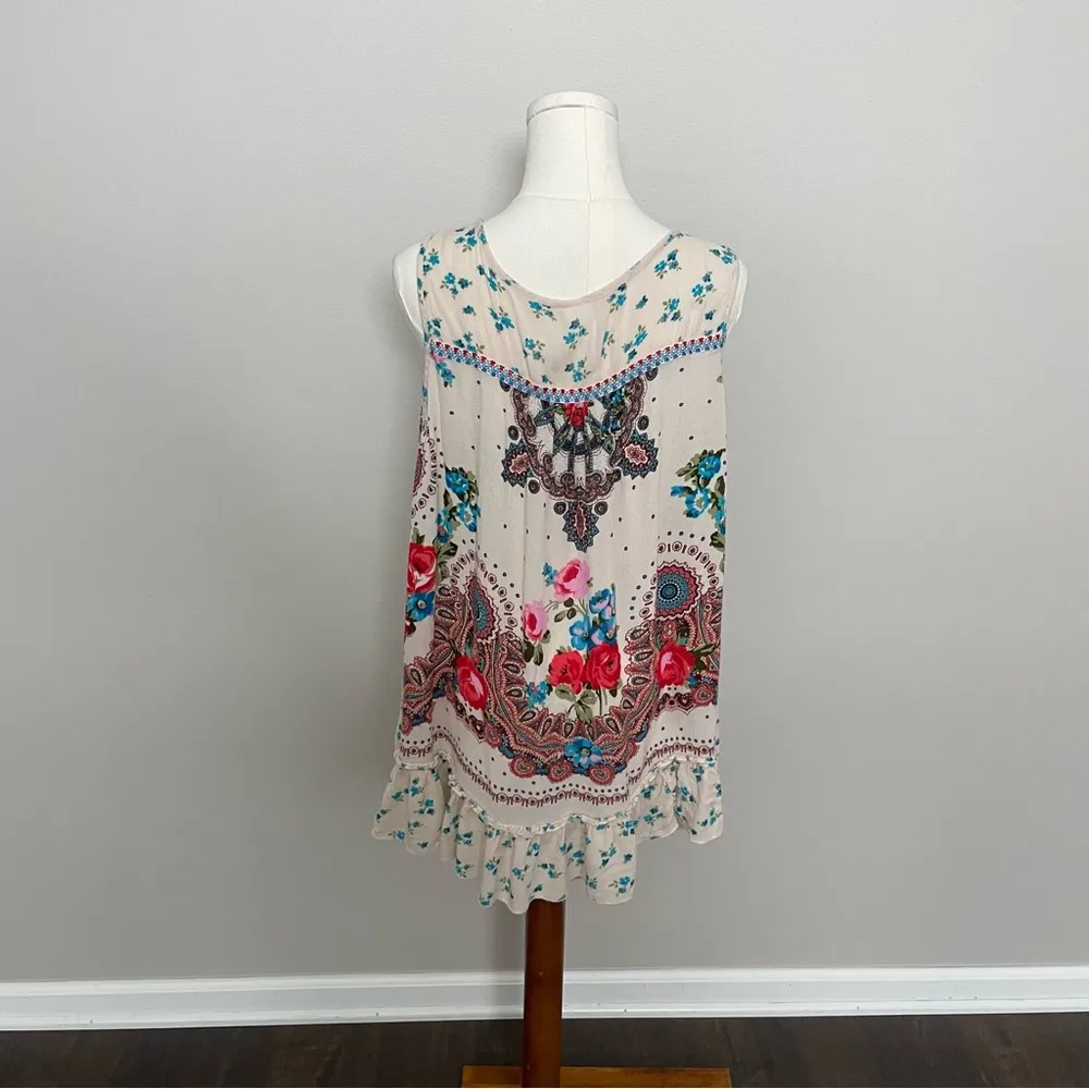 Bila Top Floral Ruffle Embroidered Boho Bohemian Western Coastal Red Blue Cream Size XL - Image 6