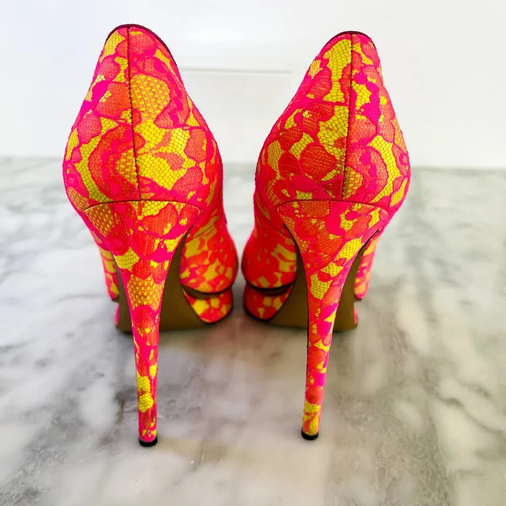Nicholas Kirkwood Neon Pink Yellow Lace Platform 36.5 Pump 80's Bright Dance Y2K Size 5.5 - Image 4