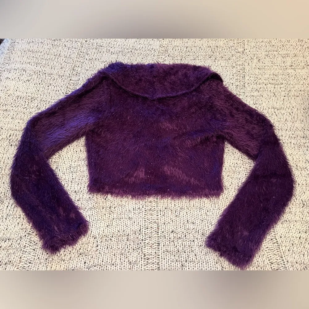 Free People Mina Cardigan Eyelash Knit Cropped Sweater in Purple, Size XS, NWT - Image 5