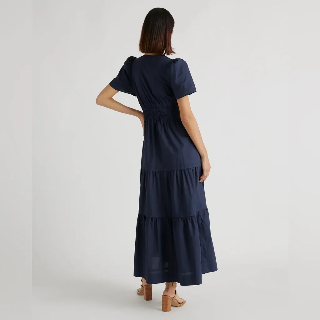 NWOT  Quince Women’s 100% Organic Cotton Poplin Tiered Maxi Dress Navy, Size M - Image 4