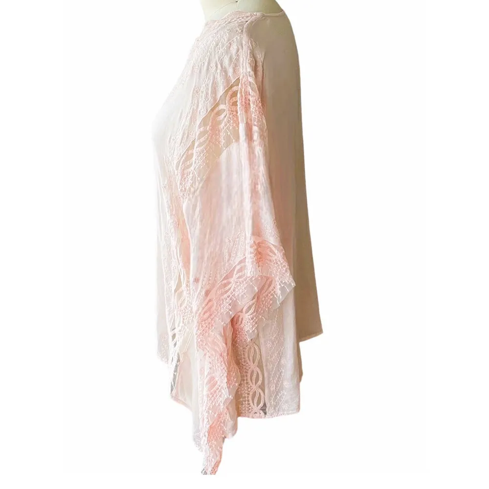 CHICO'S Boho Pink Sheer Lace Embroidered Bohemian Poncho ~ Women's Oversized S/M - Image 7