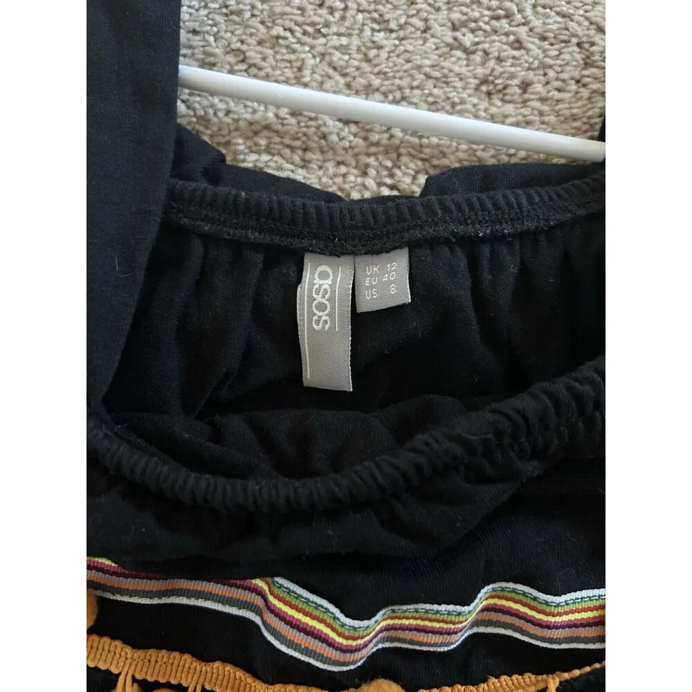 ASOS Off The Shoulder Black Cotton Sun Dress with Pom Poms Size 8 Summer - Image 8