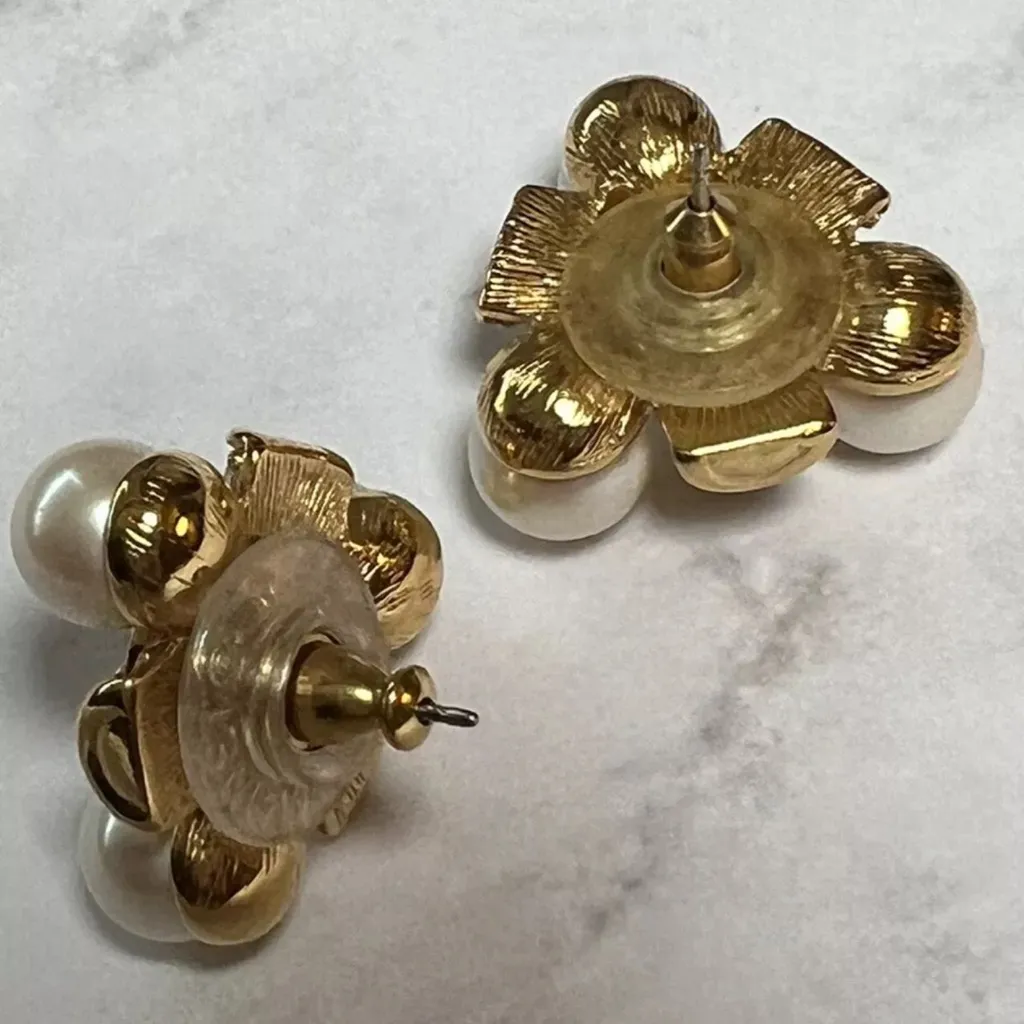 Gold Tone MONET Swarovski Crystal Rhinestone Faux Pearl Pierced Earrings - Image 7