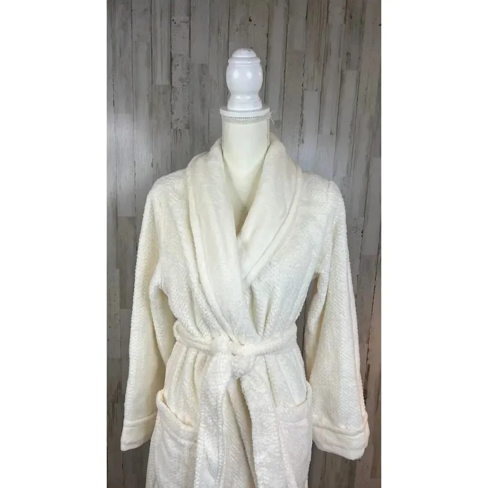 ULTA Women's S/M‎ Fluffy White Bathrobe Tie Wrap Shawl Collar Soft Pockets - Image 2