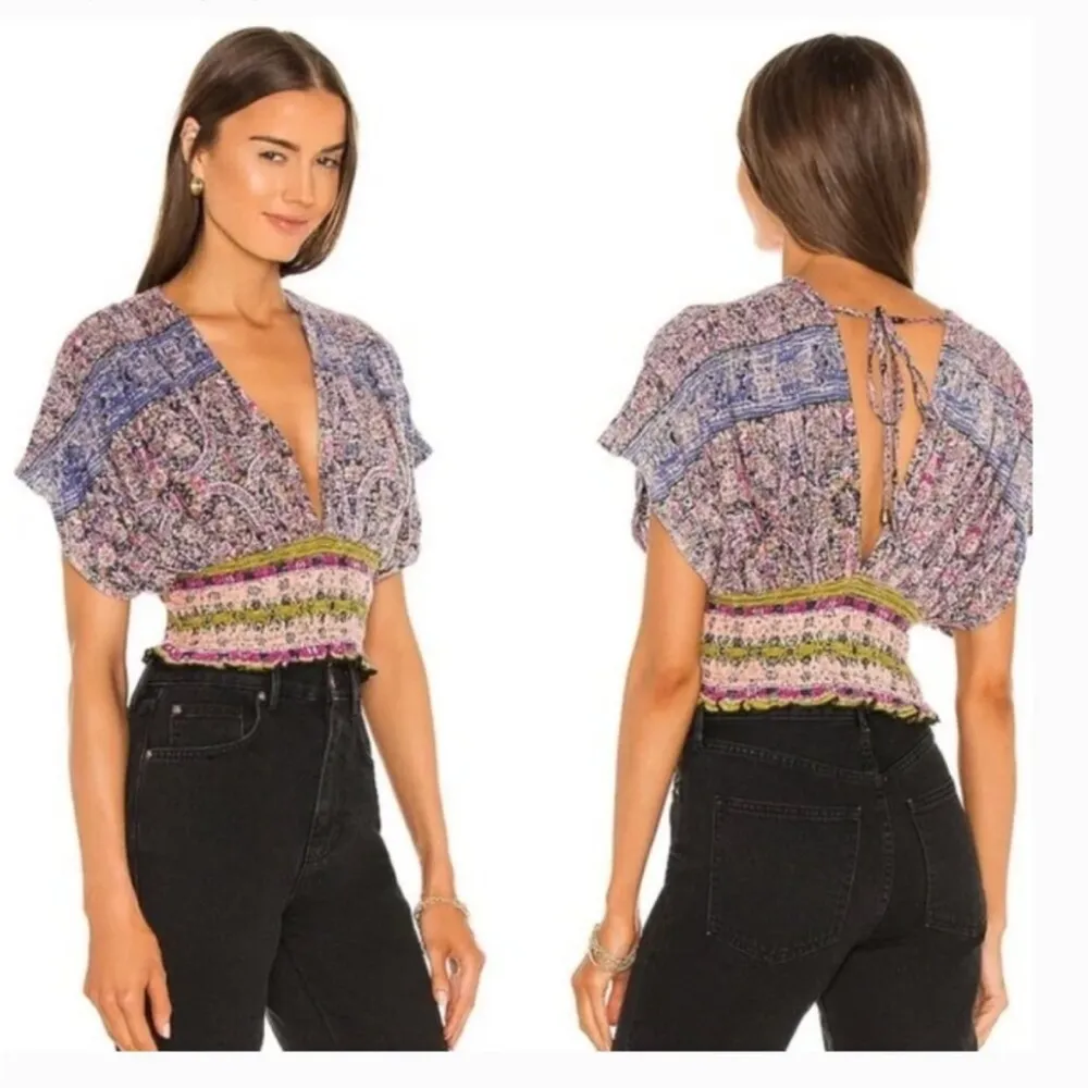 Free People‎ Purple Next Vacation Smocked Cropped Boho Top Size XS - Image 2
