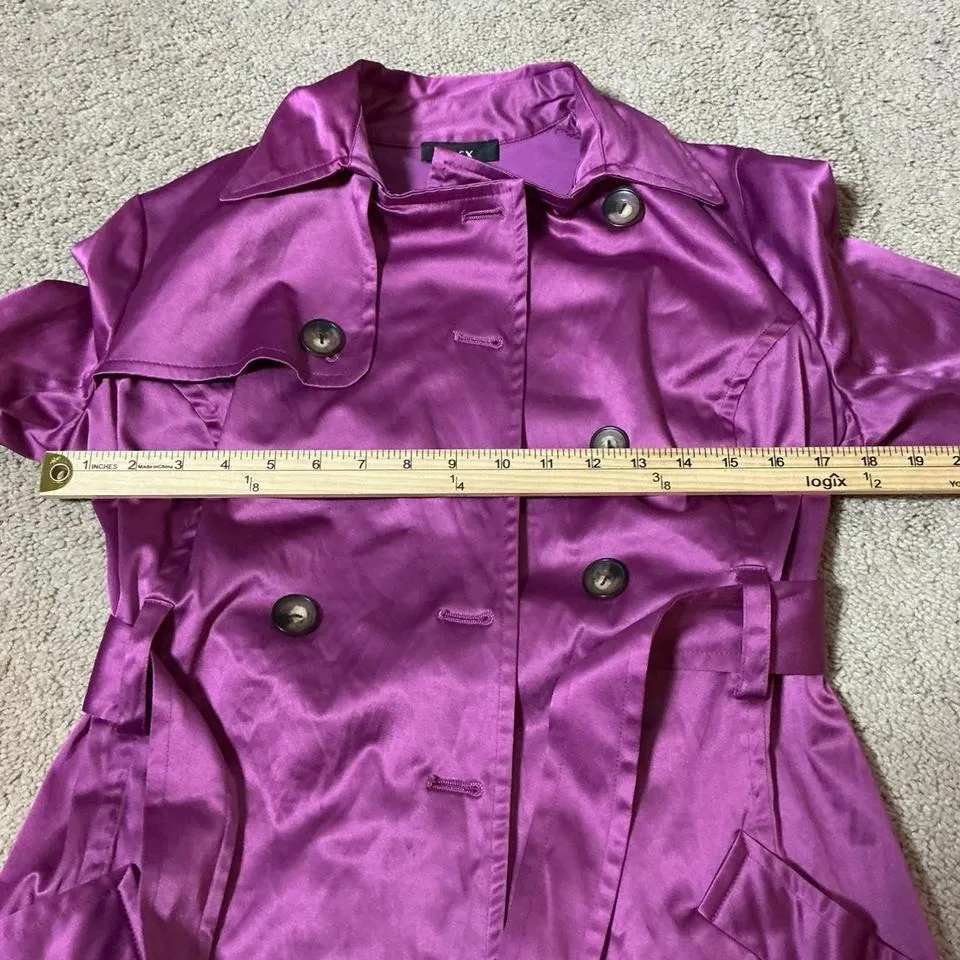 BCX Double Breasted Belted Trench Coat Jacket Women's Size M Purple Satin Look - Image 6