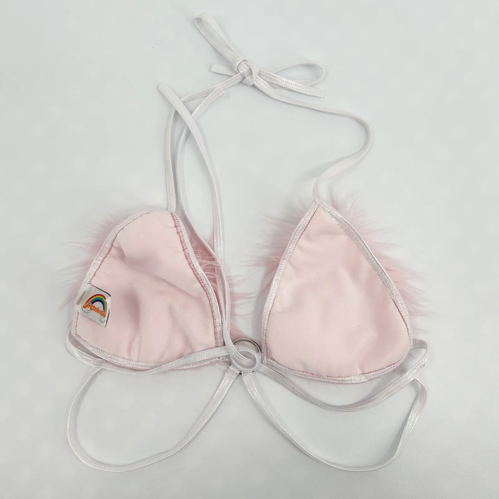 J. Valentine Womens Festival Pink Fuzzy Fur Triangle Bikini Halter Crop Top S/M Size undefined - Image 8