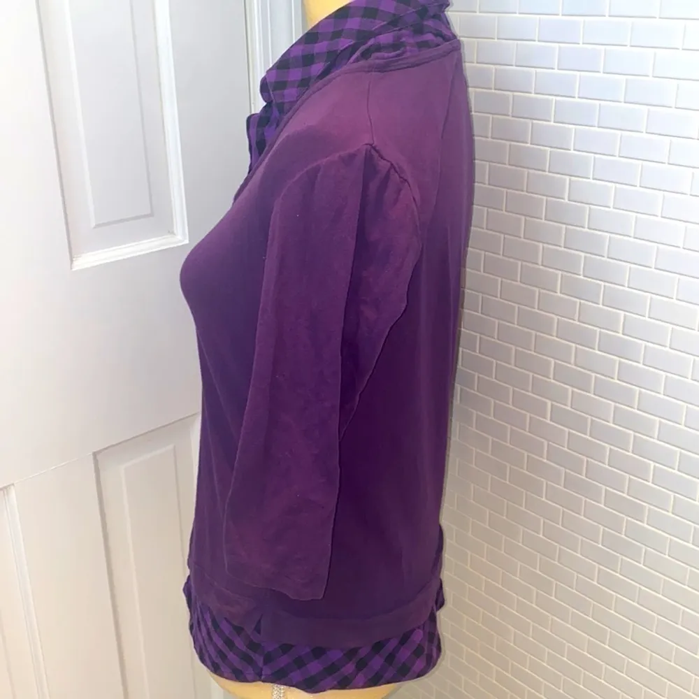 Beluva plum cotton/ spandex top.Plaid black/plum collar and hem. Size Small. Purple - Image 3