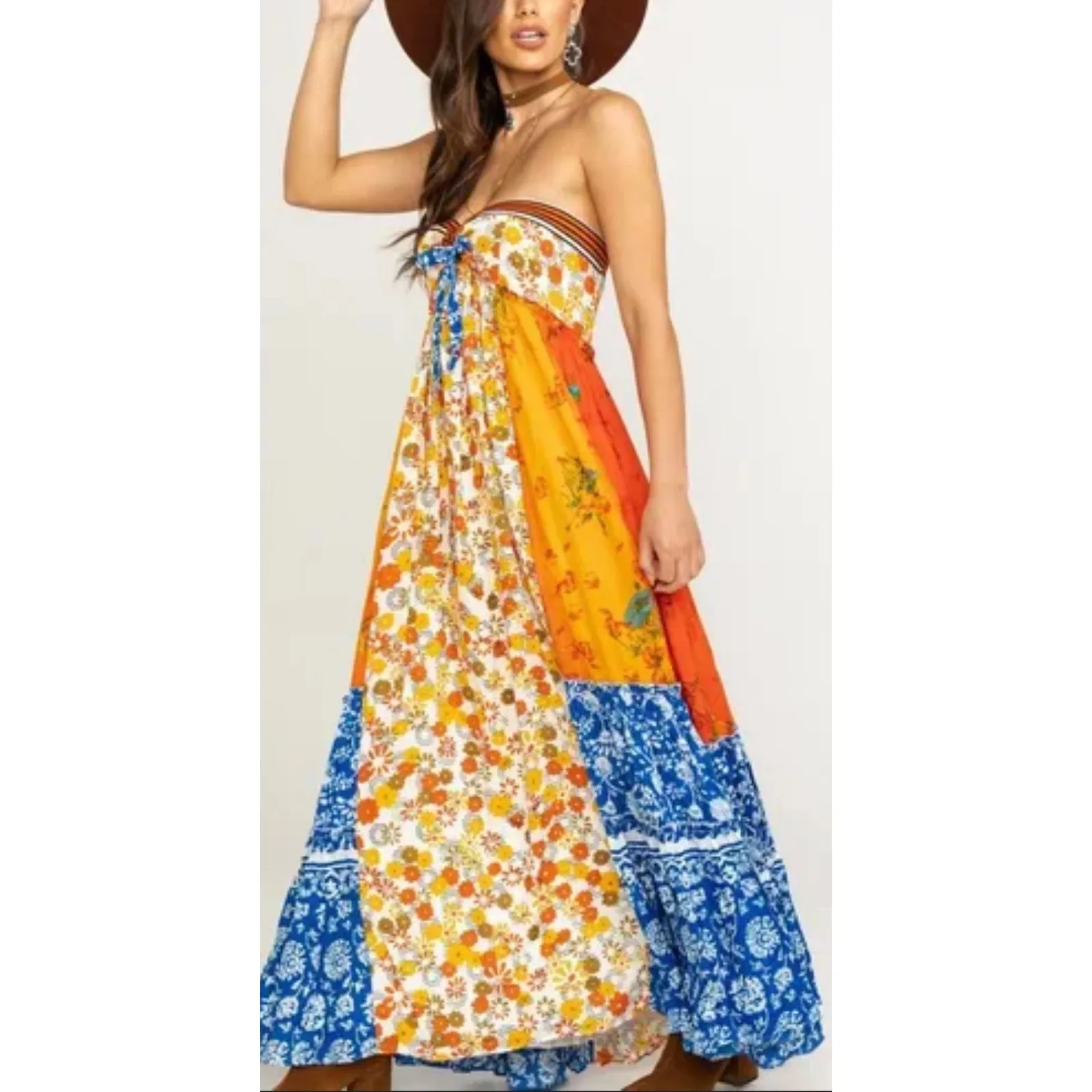 Free People Golden Dreams Strapless Maxi Dress Blue & Orange Floral New Small - Image 8