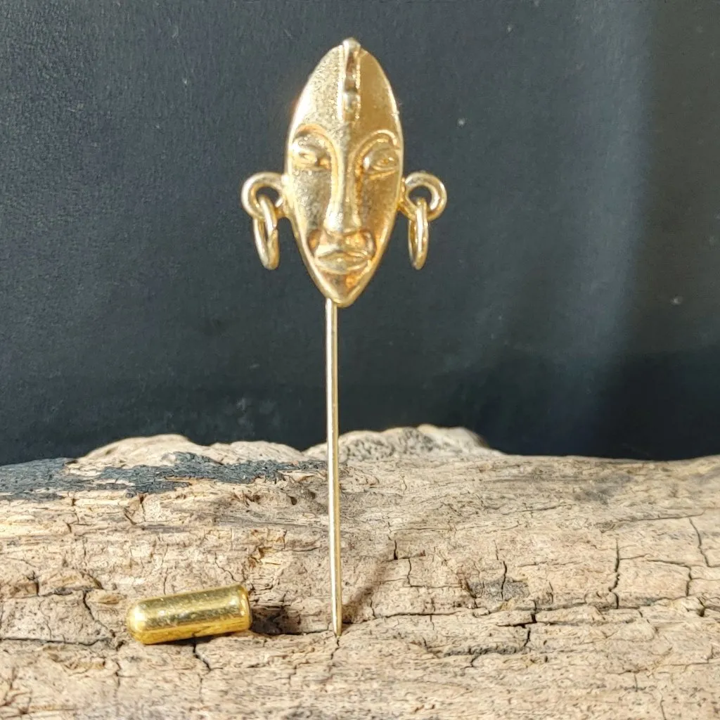Art Deco Tribal Face Mask Label Stick Pin Gold Tone Unique Dangle Design 2 Inch - Image 5