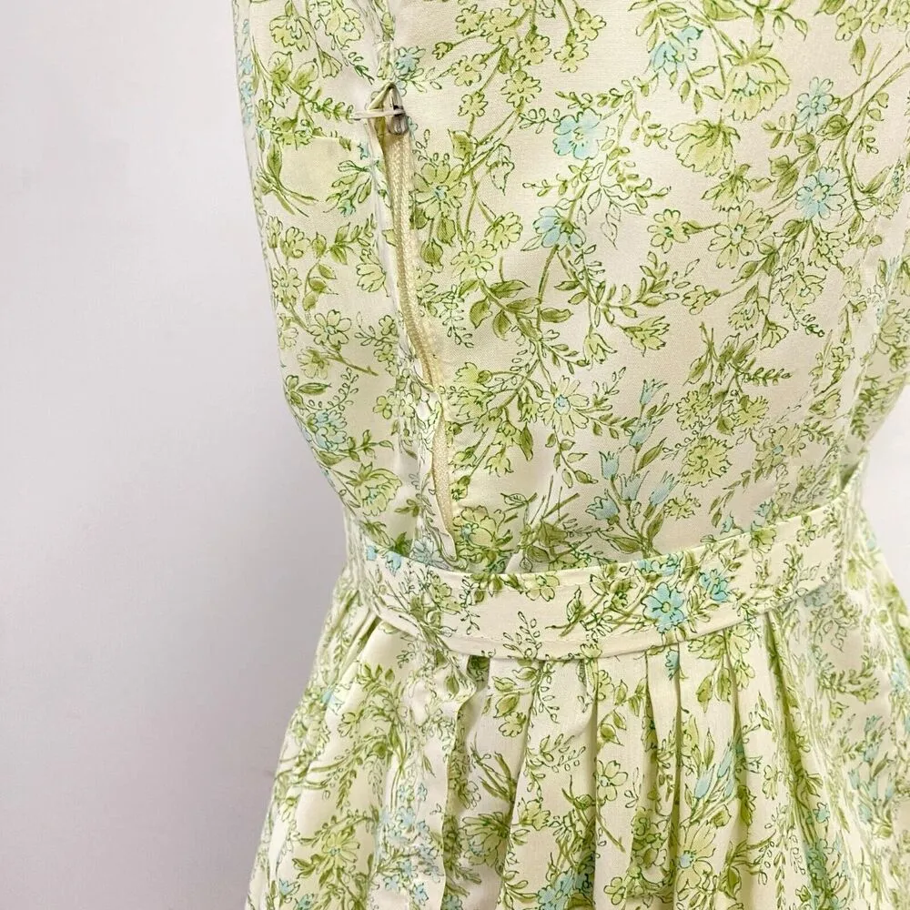 Vtg Green Floral Belted Dress Peter Pan Collar One Size Elbow Sleeve Farmcore - Image 9