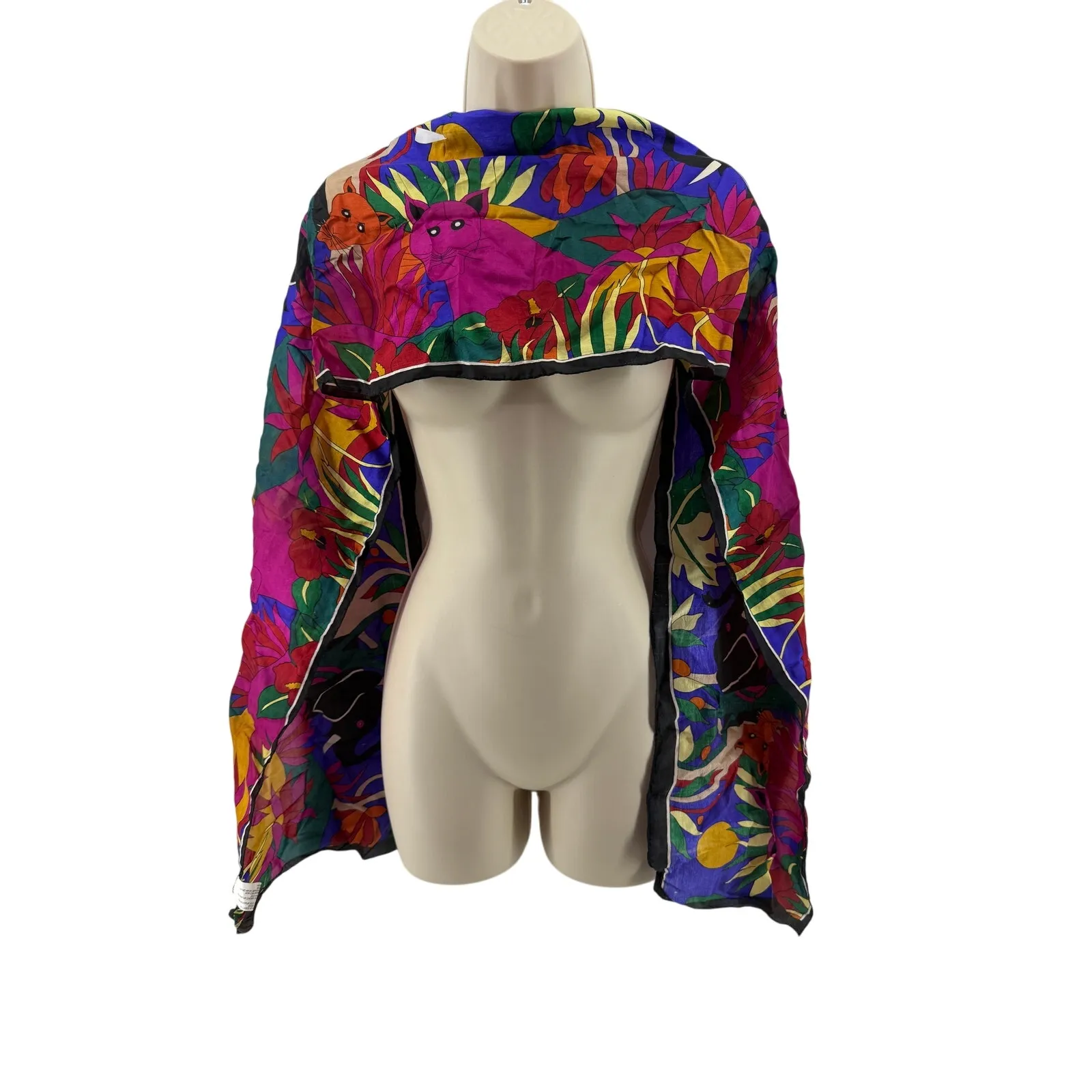 Vintage Mamudpur 80s Rainbow Jungle Silk Scarf Elephant Big Cat Floral Full Moon - Image 5