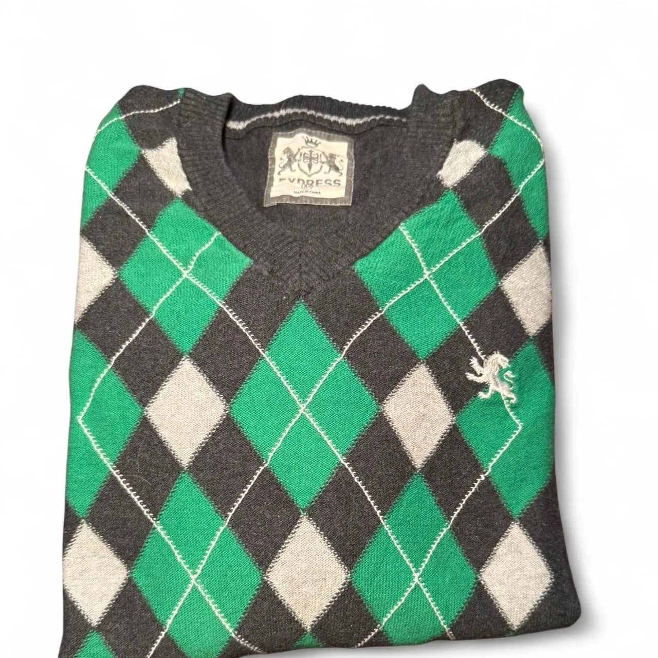 Express Women’s XS Argyle Sweater V-Neck Green Gray Diamond Knit Preppy Crest - Image 6