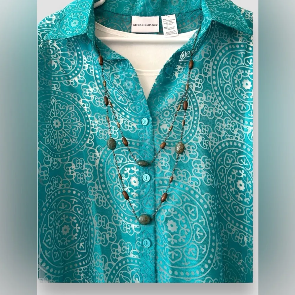 Alfred Dunner Womens Tunic Button Up Top SZ 16 Turquoise Sheer 3/4 Sleeve NWT - Image 4