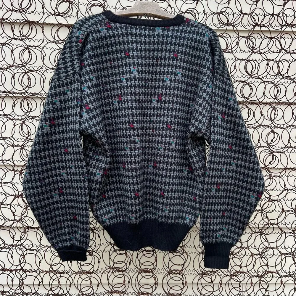 VTG 80s Boundary Waters Black Houndstooth Moody Blue Red accent Wool Blend LARGE - Image 3