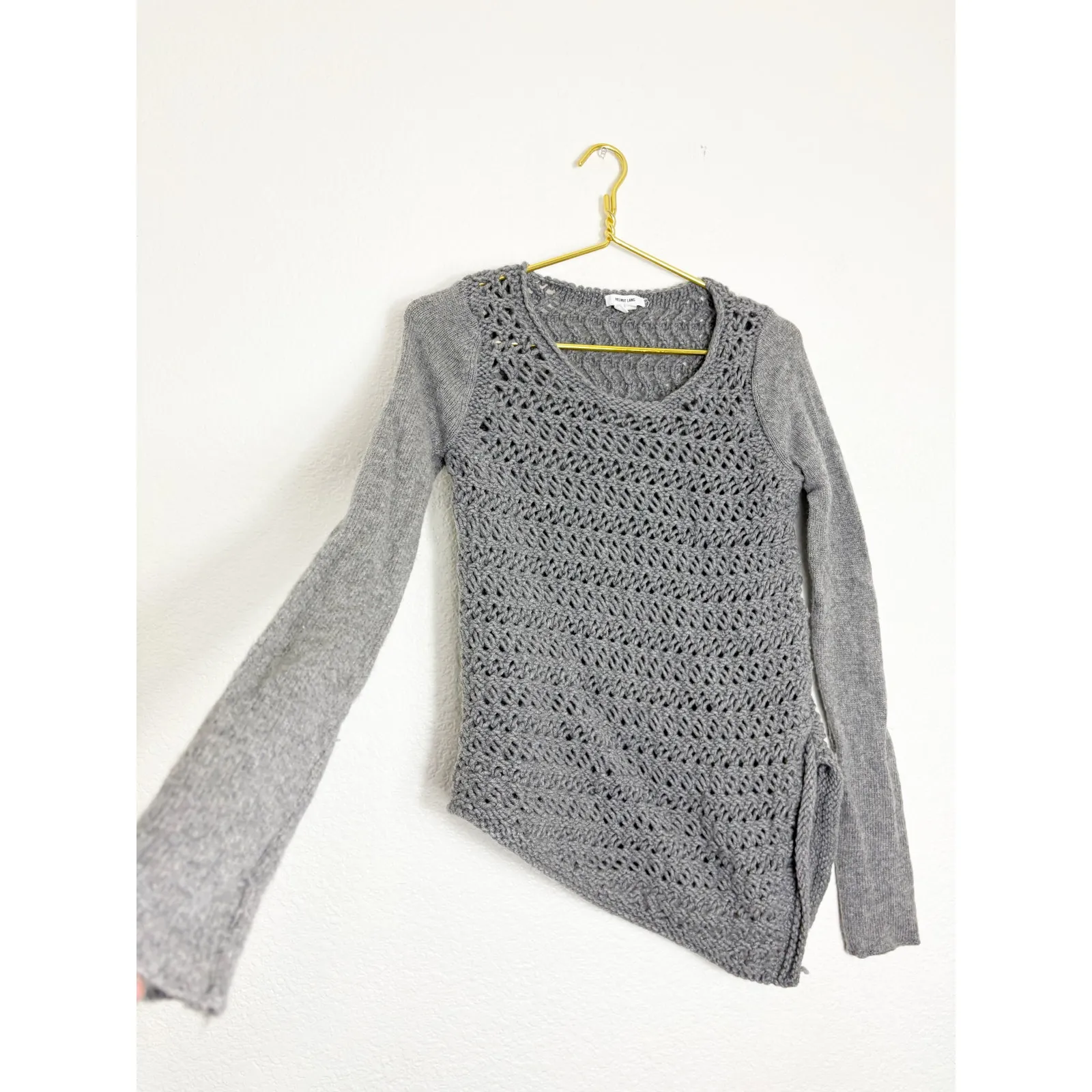 HELMUT LANG Asymmetrical Open Knit Sweater Size Small Gray Wool Cashmere - Image 11