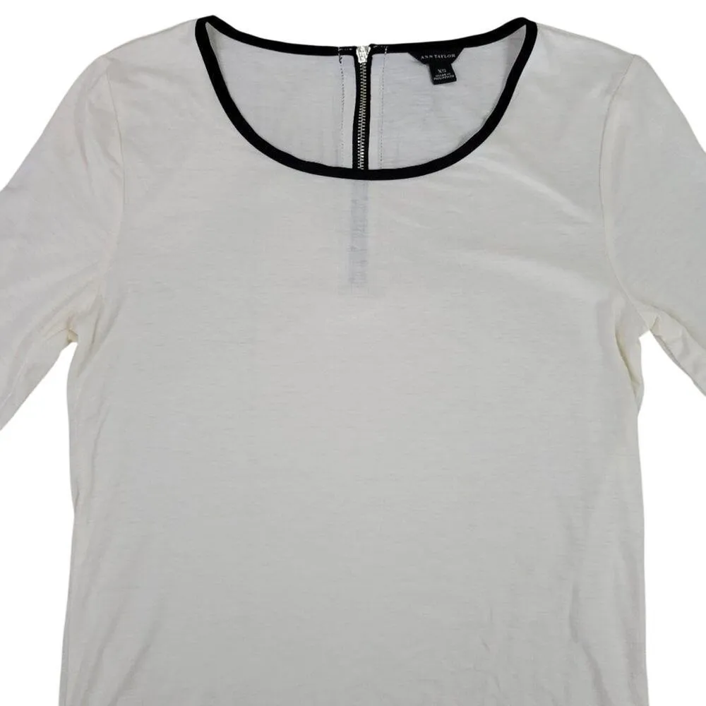 Ann Taylor XS White 3/4 Sleeve Tencel Blend Black Trim Stretch Zip Back Top - Image 5