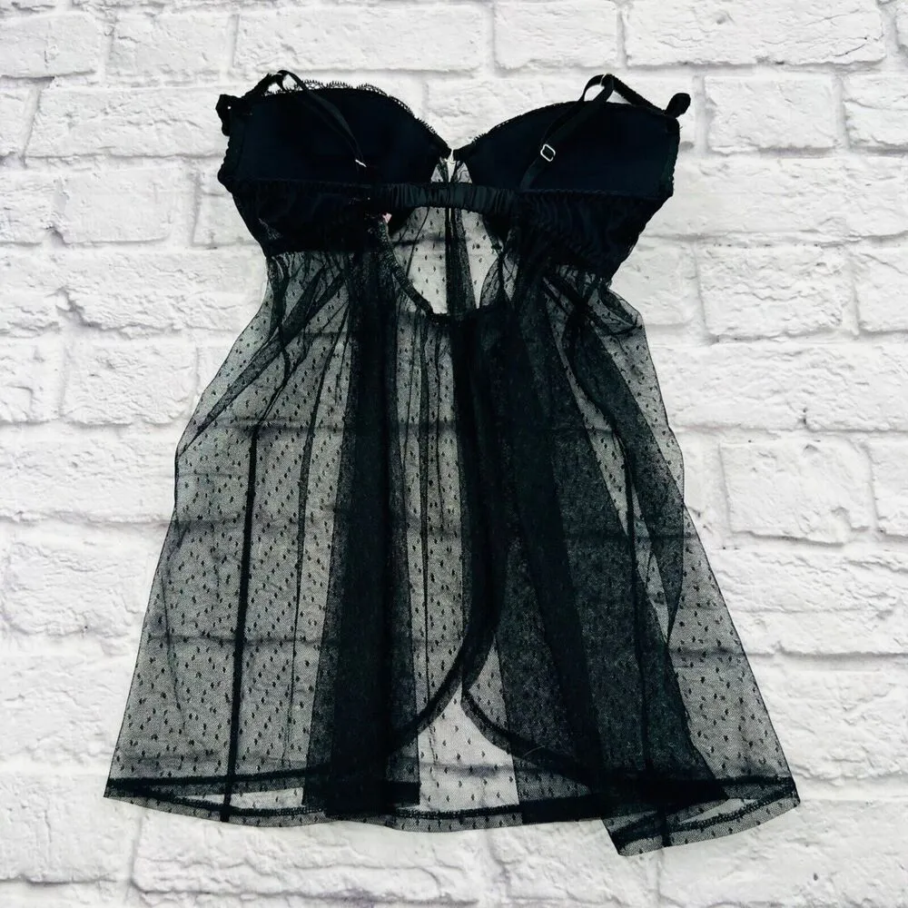 Victoria's Secret Sexy Little Things Lace Sequin Babydoll Lingerie 34C Black - Image 4