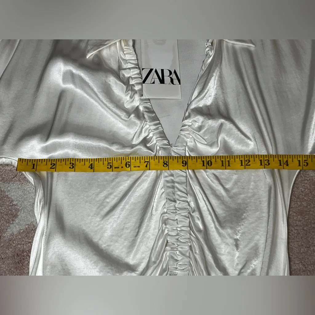 Zara Pearly White Satin Draped Ruched Dress Size M New Bloggers Fave - Image 7