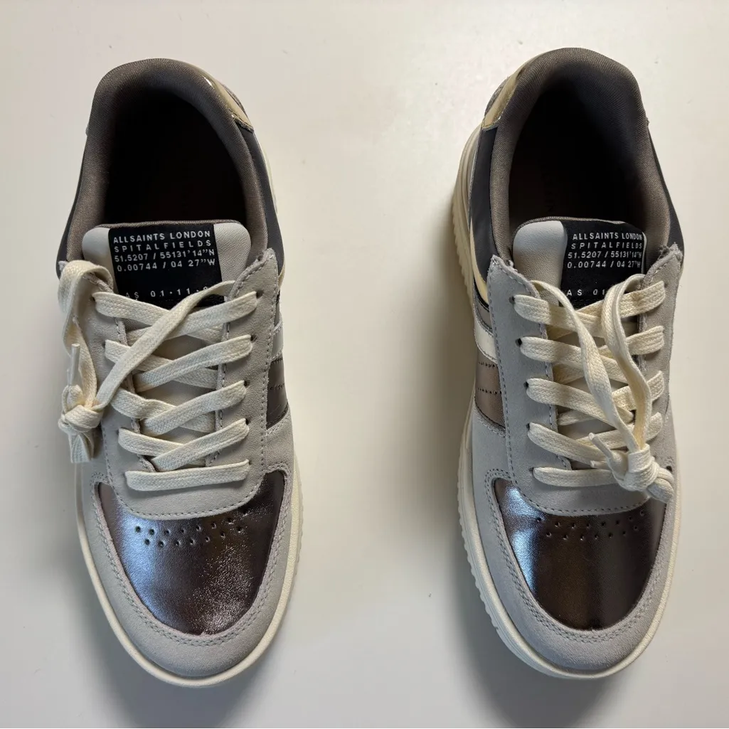 AllSaints Vix Sneaker White Metallic Leather Low Top Lace Up Shoes Size 8 - Image 6