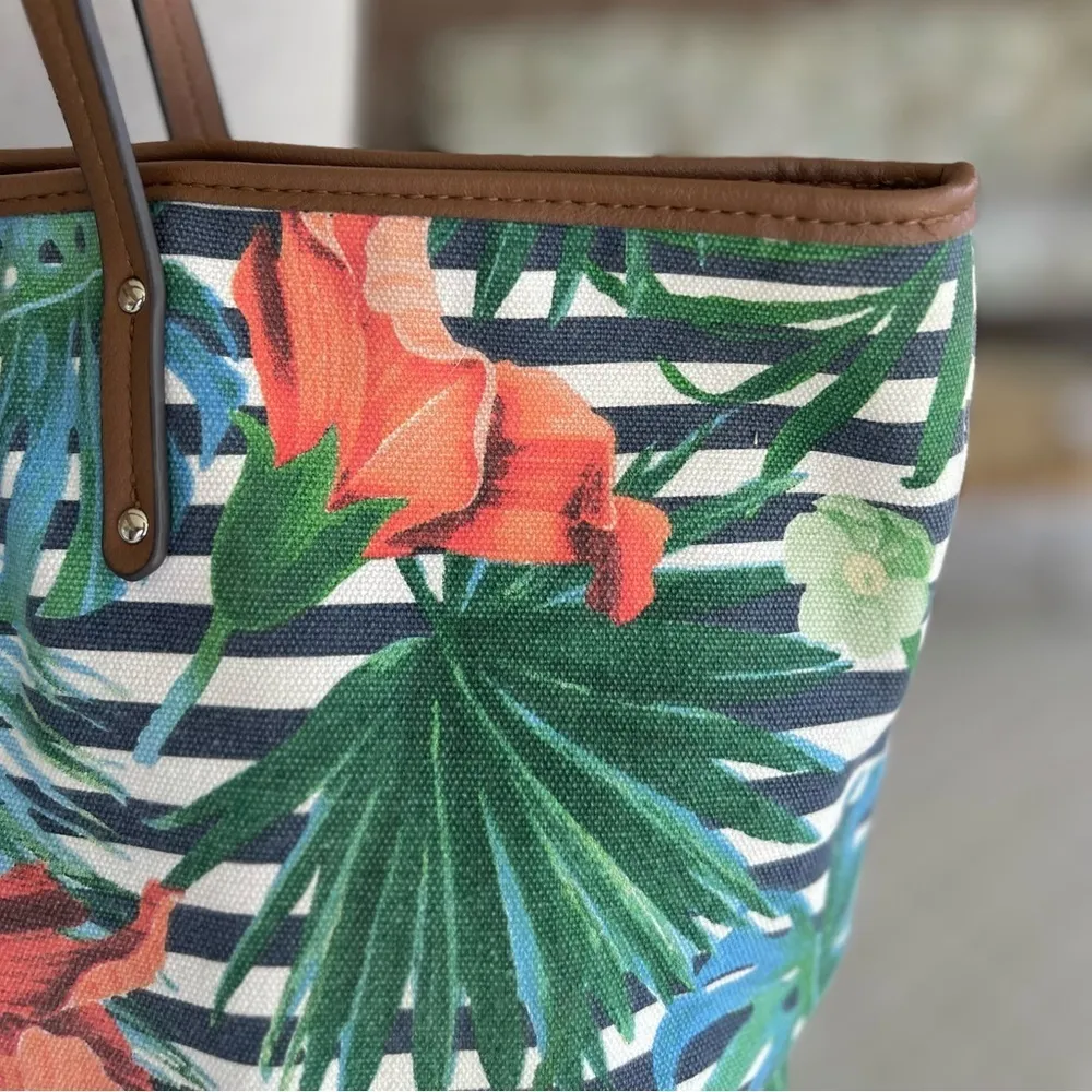 Nine West Michelina Tote Bag Tropical Floral Striped Canvas Large Beach Pool - Image 6
