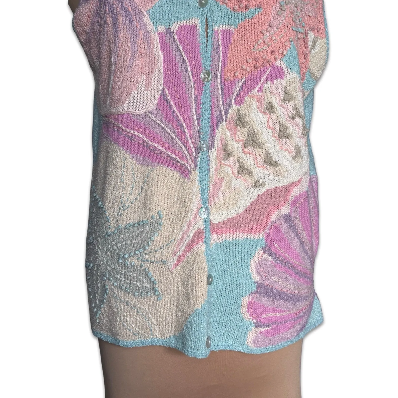 Pastel Seashell Knit Vest Silk Linen Coastal Cottagecore Fairy Mermaid Ocean Blue Size XL - Image 6