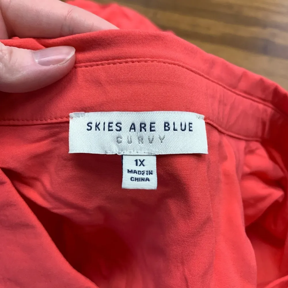 Skies Are Blue Curvy Button Down Top Women 1X Pink Roll Tab Sleeve Pocket Blouse - Image 5