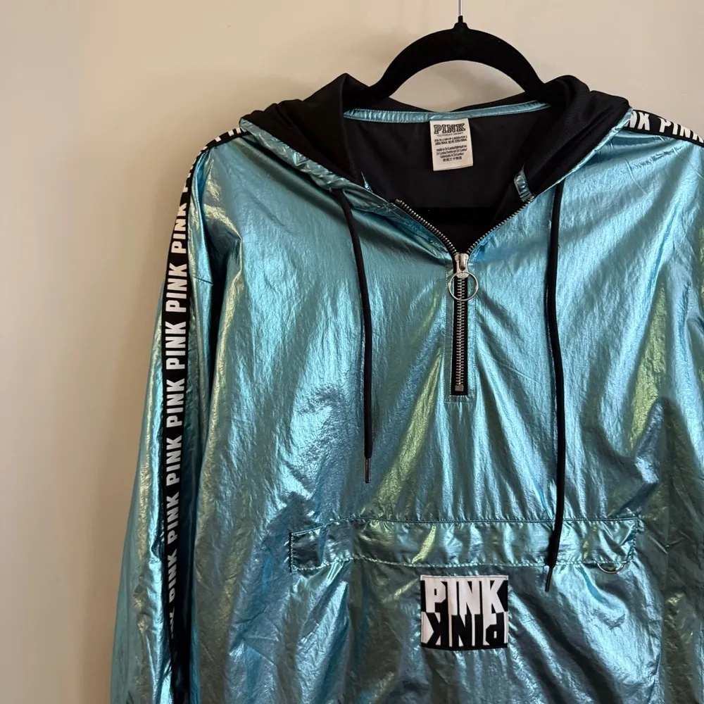 VICTORIA'S SECRET PINK TURQUOISE METALLIC PARACHUTE HOODIE SZ S - Image 5
