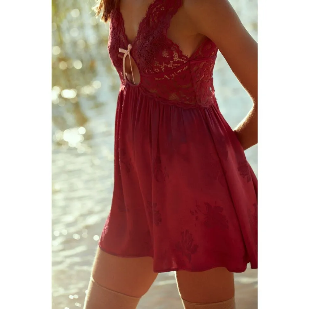 For Love & Lemons Red Floral Lace Silk Satin Sleeveless Mini Slip Dress Sz L Size L - Image 5