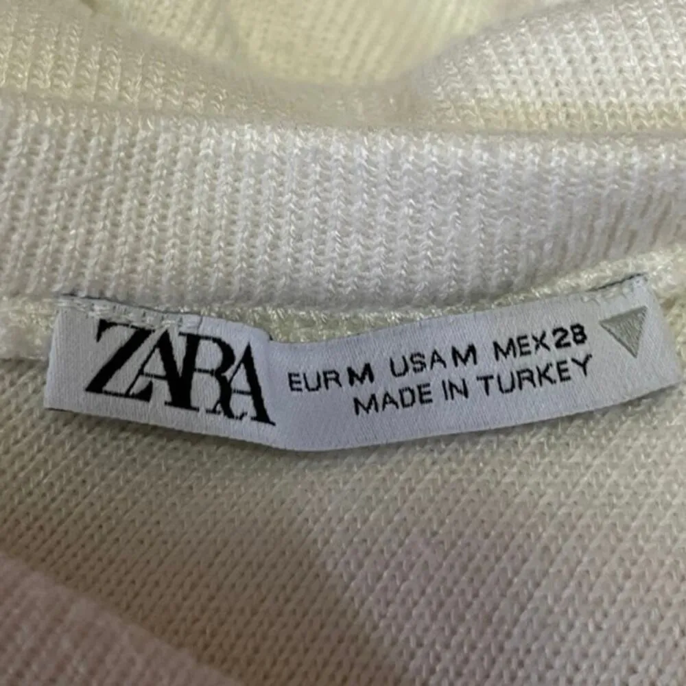 Zara White Long Sleeve Tie Hem Crew Neck Relaxed Cropped Sweater Top Size M - Image 3
