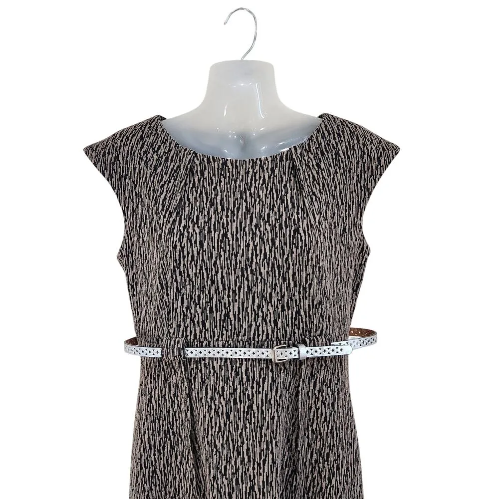 Connected Apparel Geometric Cap Sleeve Belted Sheath Dress Black Gray Size 6 - Image 3