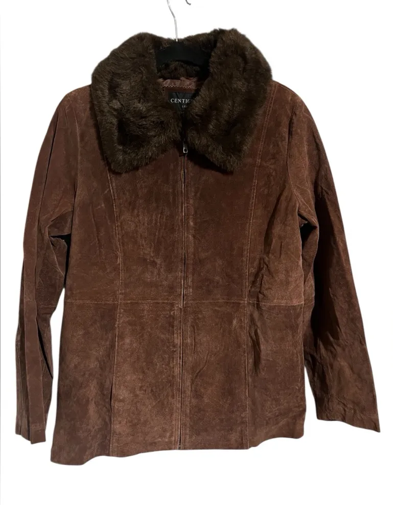 Centigrade leather Brown Suede Jacket with Faux Fur Collar Size M - Image 1