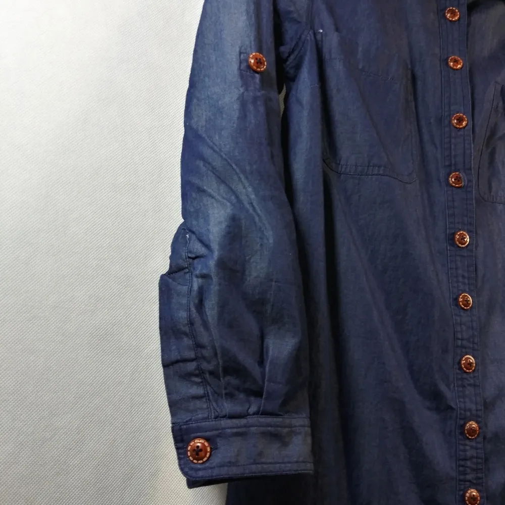 eShakti Blue Cotton Chambray Roll Tab Long Sleeve Shirt Dress Size S - Image 4