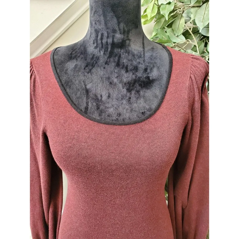 Max Studio Sweater Maroon Cotton Scoop Neck Long Sleeve Knee Length Dress XS - Image 5