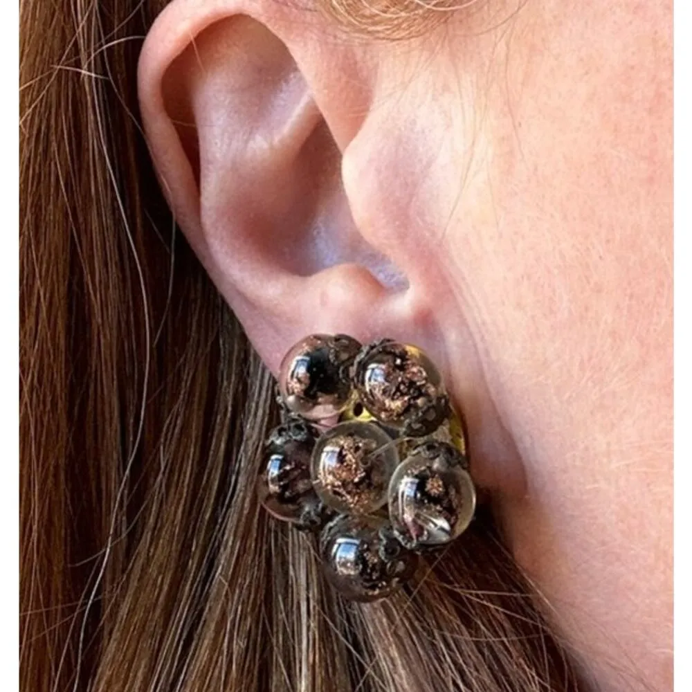 Vintage glass bead cluster clip earrings, brown marked made in Italy - Image 3