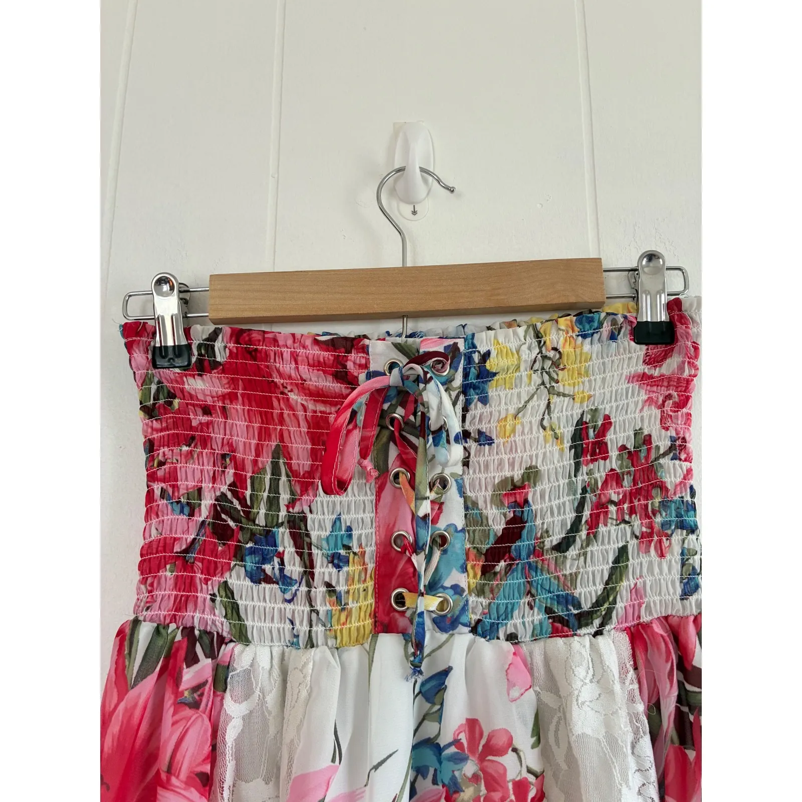 Venus Strapless Smocked Floral Lace Trim Fairycore Handkerchief Hem Top Womens S - Image 4