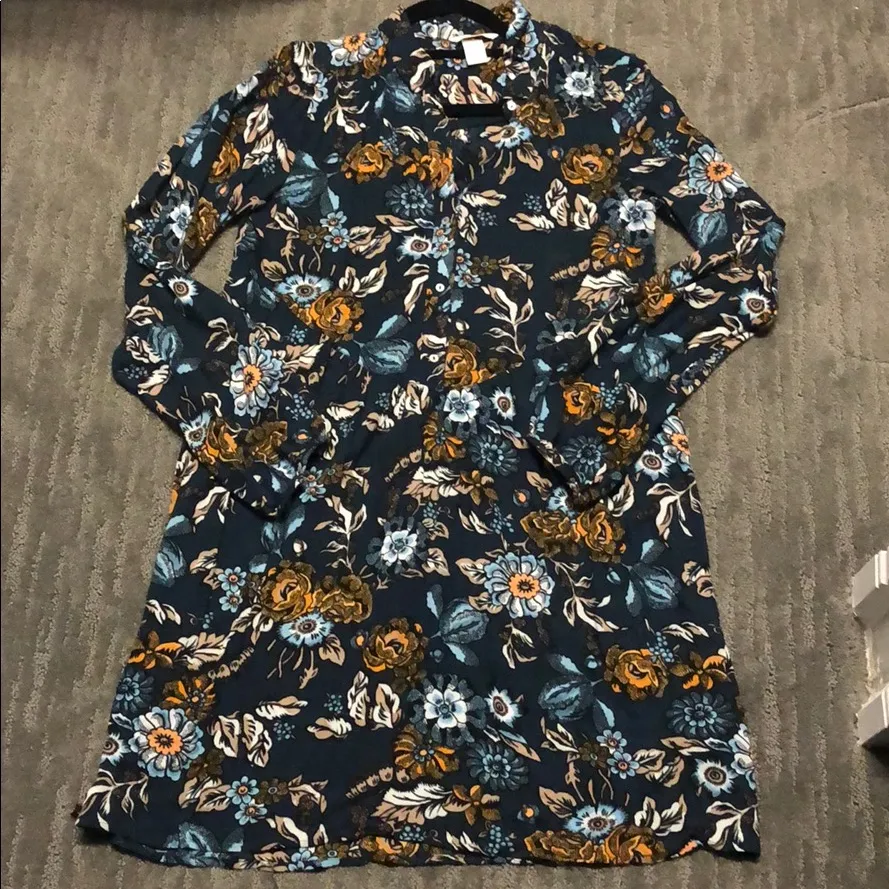 H&M women size 2 navy blue flower dress button down collar loose fit long sleeve - Image 5