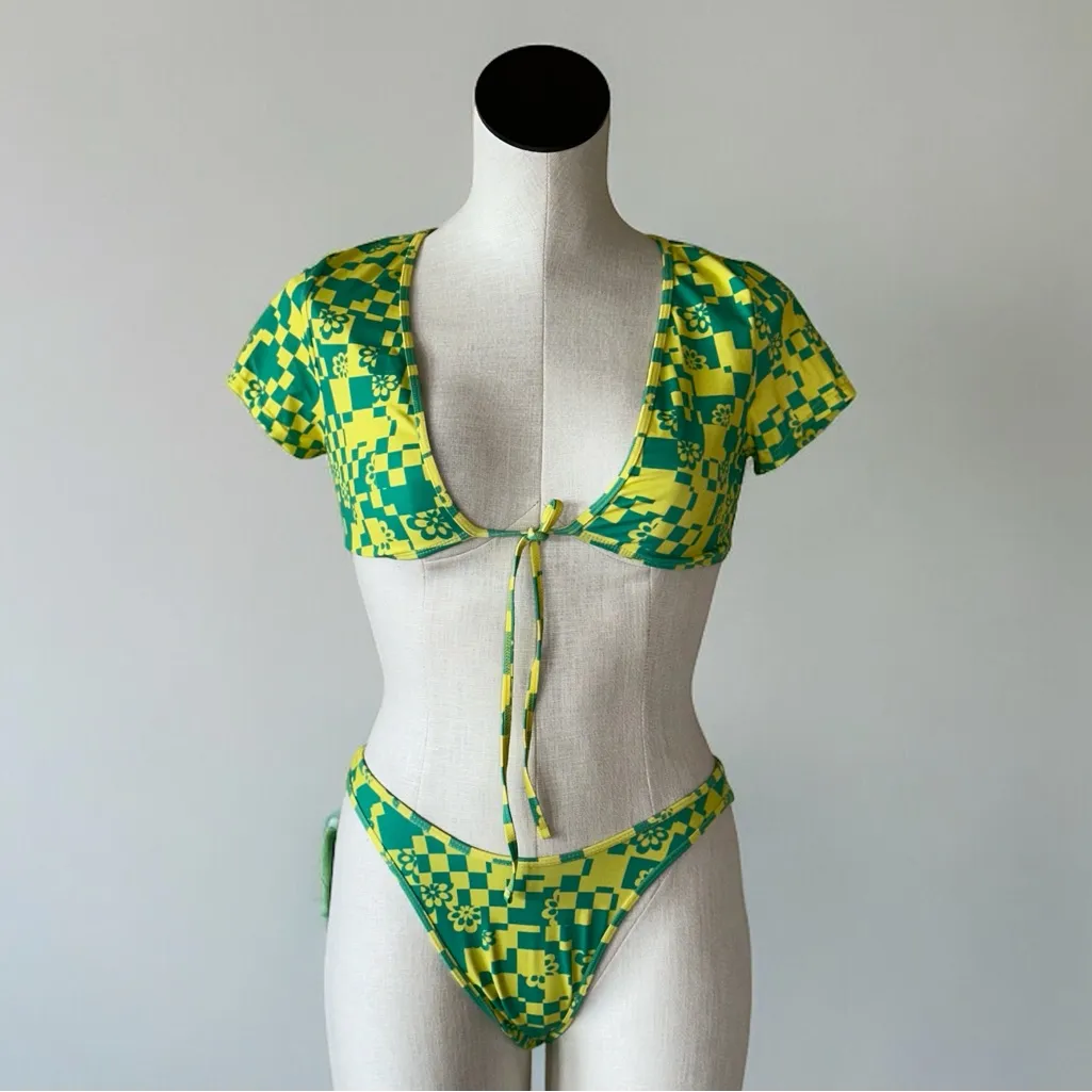 NWOT PacSun Storm Reid  Green Yellow Tie Front checkered floral 2 PCS Swimsuit - Image 3