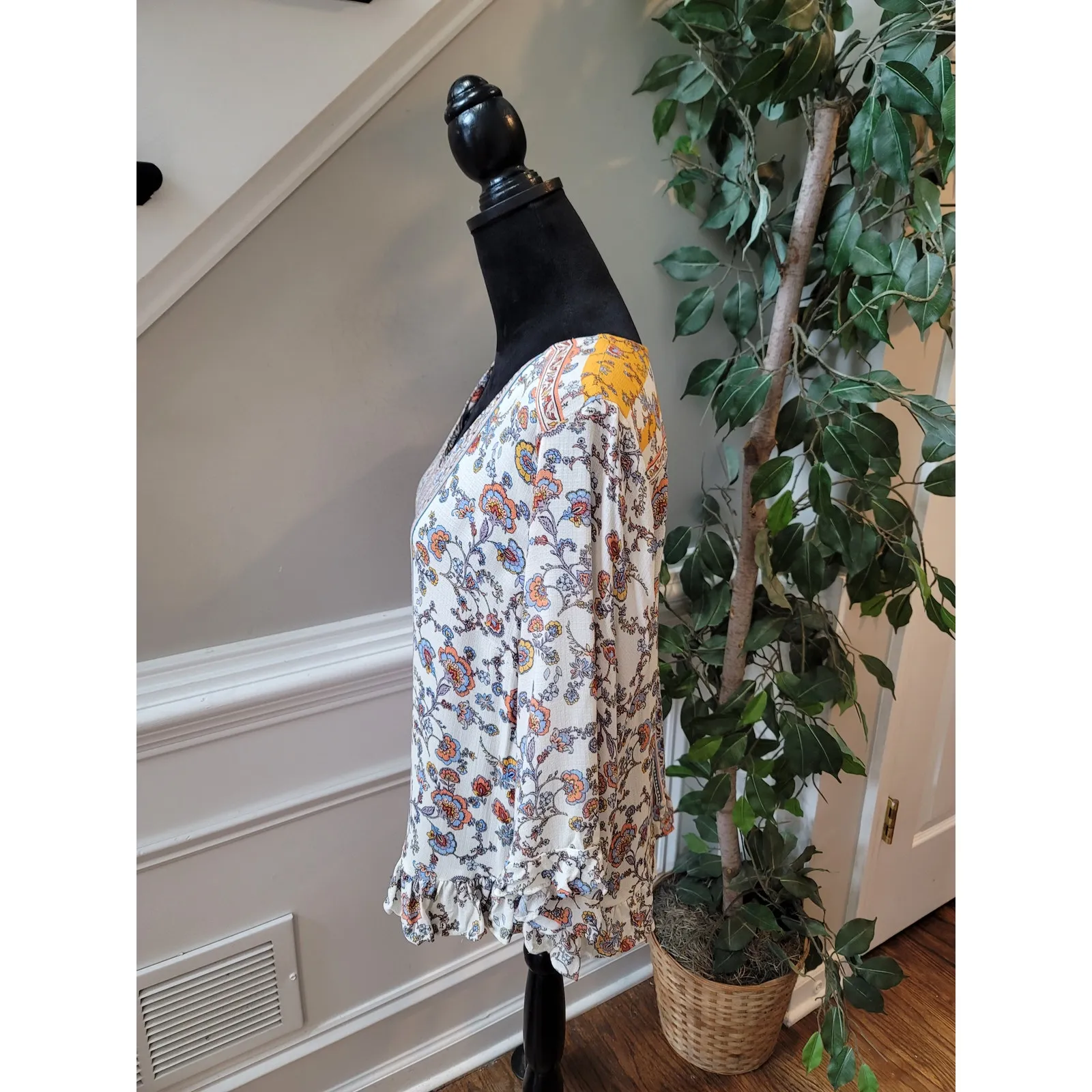 Cynthia Rowley Blouse Women's Large Multicolor Viscose Floral Boho Peasant Top - Image 7